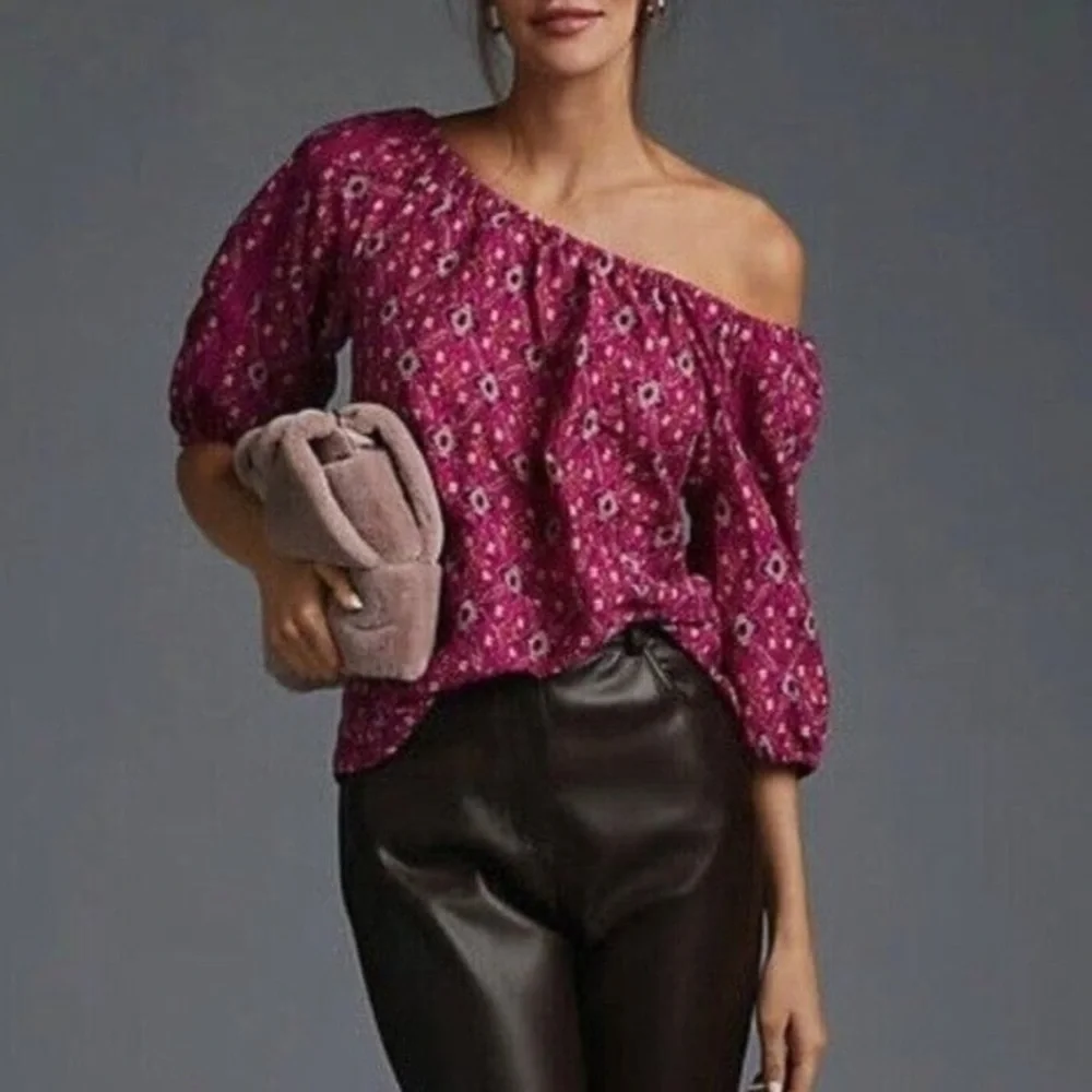 Anthropologie | Block Print Off-The-Shoulder 3/4 Length Sleeve Top Pink (XS) - Picture 15 of 15